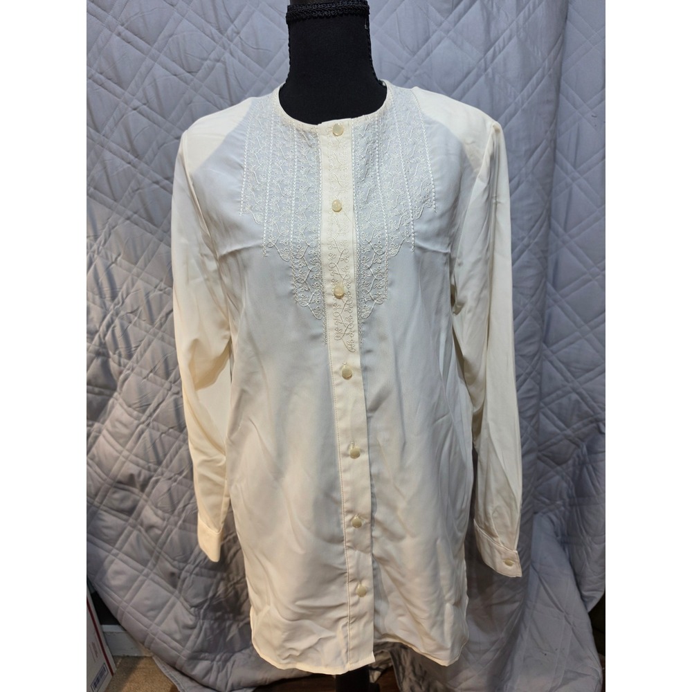 Jaclyn Smith Cream Embroidered Bib Long Sleeve Button Down Blouse Womens Size 10